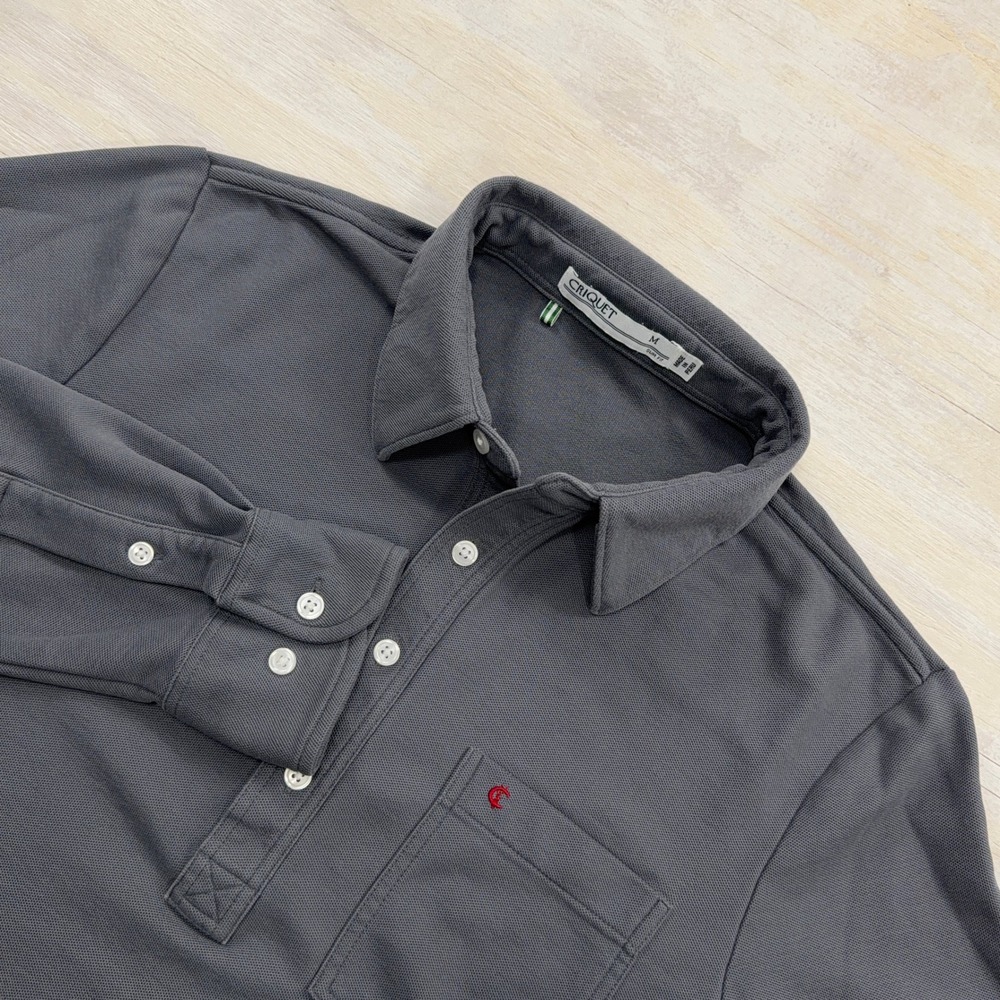 Criquet Polo Shirt Slim Fit Medium Long Sleeve Pima Cotton Gray Mens